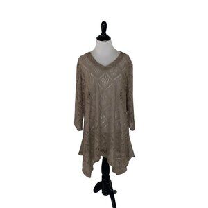 Pleasant Shade Junior Size XL Lace Mini Dress Beach Coverup Semi Sheer Tan